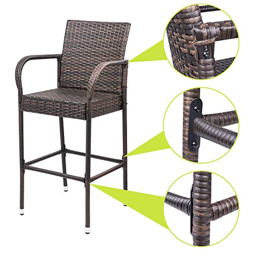 Homall Patio Bar Stools Wicker Barstools Indoor Outdoor Bar Stool Patio Furniture with Footrest and Armrest for Garden Pool Lawn Backyard Set of 2 (Brown)