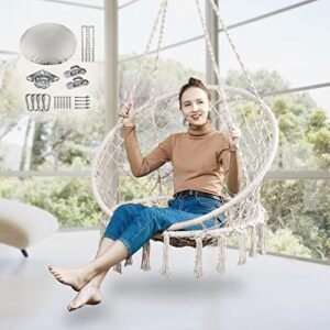 greenstell hammock chair, macrame swing with cushion and 304 stainless steel hanging kits, max 330lbs hanging cotton rope swing chair, for indoor, outdoor, home, patio, yard (beige)