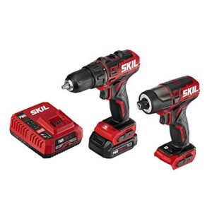 skil 2-tool drill combo kit: pwr core 12 brushless 12v 1/2" cordless drill driver & brushless 1/4" hex cordless impact driver, includes 2.0ah lithium battery & pwr jump charger - cb742901, red