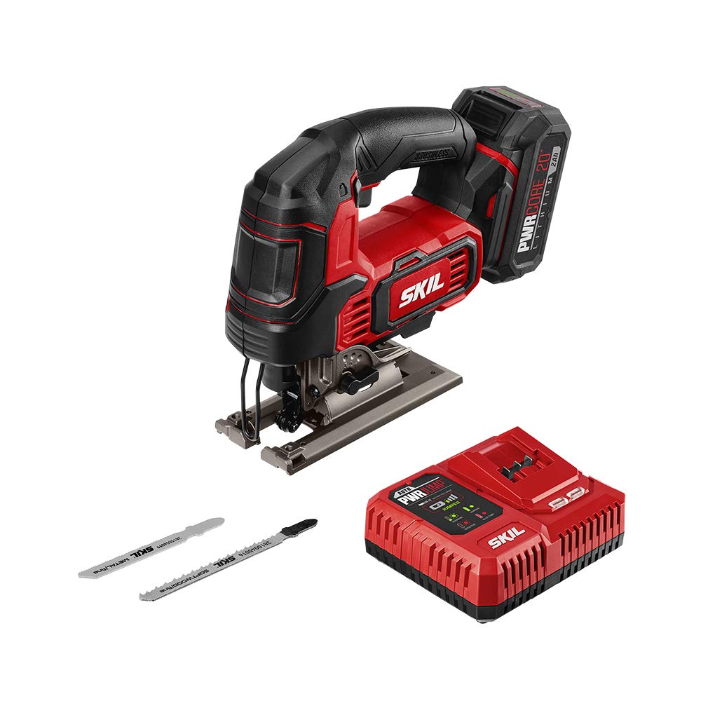 SKIL PWR CORE 20 Brushless 20V 1 Inch Stroke Jigsaw Includes 2.0Ah Lithium Battery with PWR ASSIST USB and PWR JUMP Charger - JS820202