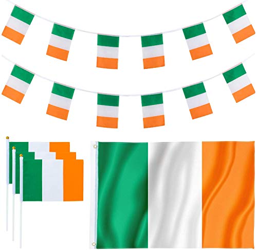 Whaline Ireland Flag Set, 3x5 Foot Large Ireland Irish Flag, 18.7 Feet Irish Banners Bunting Flags and 10 Pieces Small Hand Flag for Ireland National Day, Bars, Party and School Sports Events