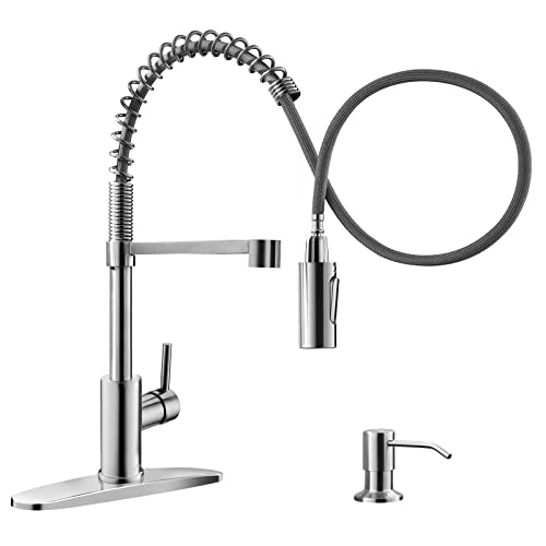 APPASO Commercial Kitchen Faucet Pull Down Sprayer with Soap Dispenser - Stainless Steel Brushed Nickel High Arc Tall Modern Single Handle Spring Kitchen Sink Faucet with Pull Out Spray