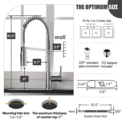 APPASO Commercial Kitchen Faucet Pull Down Sprayer with Soap Dispenser - Stainless Steel Brushed Nickel High Arc Tall Modern Single Handle Spring Kitchen Sink Faucet with Pull Out Spray