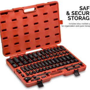 NEIKO 02448A 1/2" Drive Master Impact Socket Set, 65 Piece, Standard SAE (3/8"-1-1/4") & Metric (10-24 mm) Sizes, Deep & Shallow Kit, Includes Adapters & Ratchet Handle