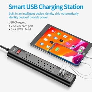 Power Strip, Surge Protector with 4 AC Outlets and 4 USB Charging Ports, 6 Feet Long Extension Cord for Smartphone Tablets Home,Office, Hotel- Black