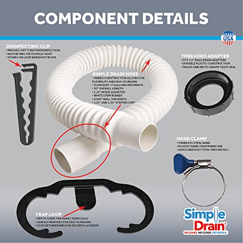 Simple Drain-Flexible Rubber P-Trap Fits 1 1/2" OD AND 1-1/4" OD Drain Inlets- For 11/2" Drain Outlet- Adjustable Simple Drain Trap