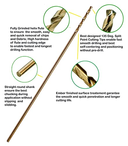 Hss Cobalt Drill Bit Set 1/8 in. x 6 in. Aircraft Extension Extra Long Deep Hole Drilling-5Pcs
