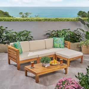 Christopher Knight Home Alice Outdoor 5 Piece Acacia Wood Sofa Set, Teak Finish, Beige