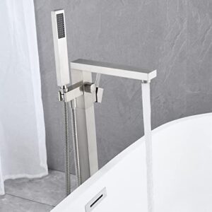 Wowkk Freestanding Bathtub Faucet Tub Filler Brushed Nickel Floor Mount Bathroom Faucets Brass Single Handle with Hand Shower