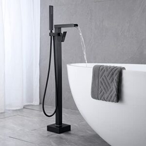 Wowkk Waterfall Tub Filler Freestanding Bathtub Faucet Black Floor Mount Brass Single Handle Bathroom Faucets with Hand Shower