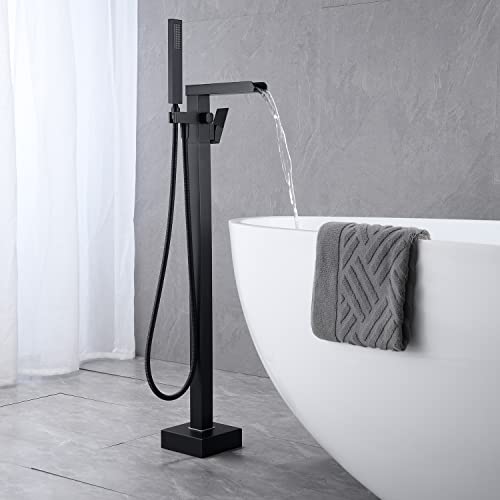 Wowkk Waterfall Tub Filler Freestanding Bathtub Faucet Black Floor Mount Brass Single Handle Bathroom Faucets with Hand Shower