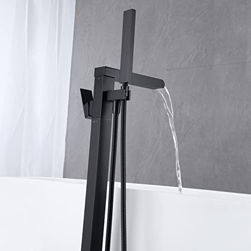 Wowkk Waterfall Tub Filler Freestanding Bathtub Faucet Black Floor Mount Brass Single Handle Bathroom Faucets with Hand Shower