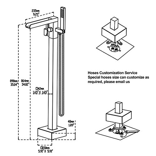 Wowkk Waterfall Tub Filler Freestanding Bathtub Faucet Black Floor Mount Brass Single Handle Bathroom Faucets with Hand Shower