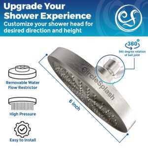 CIRCLESPLASH Shower Head - High Pressure Rain Booster - Anti Clog Self Cleaning Adjustable Showerhead - Tool-less 1 min Install - Universal Replacement Brushed Nickel - Rainfall 6 inch