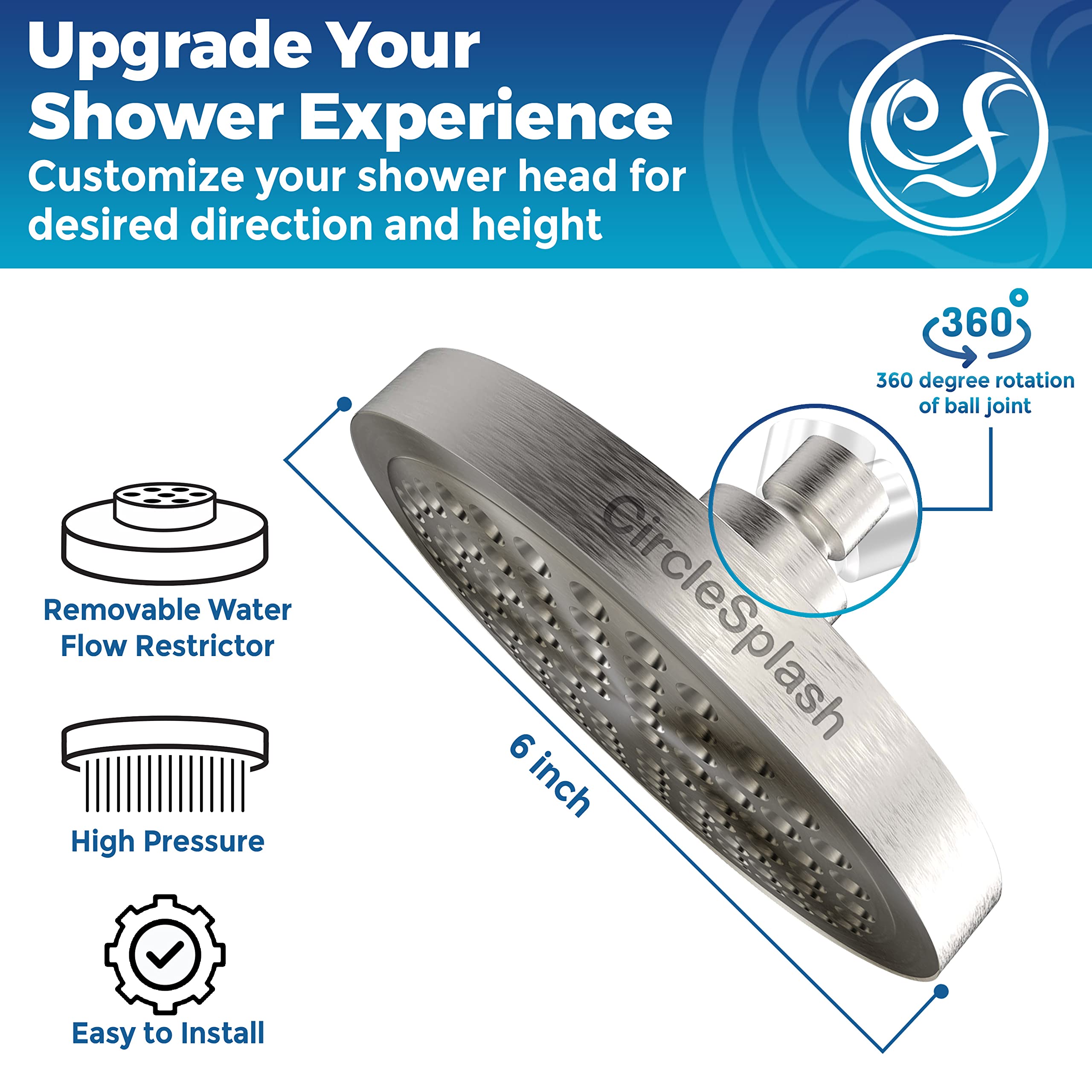 CIRCLESPLASH Shower Head - High Pressure Rain Booster - Anti Clog Self Cleaning Adjustable Showerhead - Tool-less 1 min Install - Universal Replacement Brushed Nickel - Rainfall 6 inch