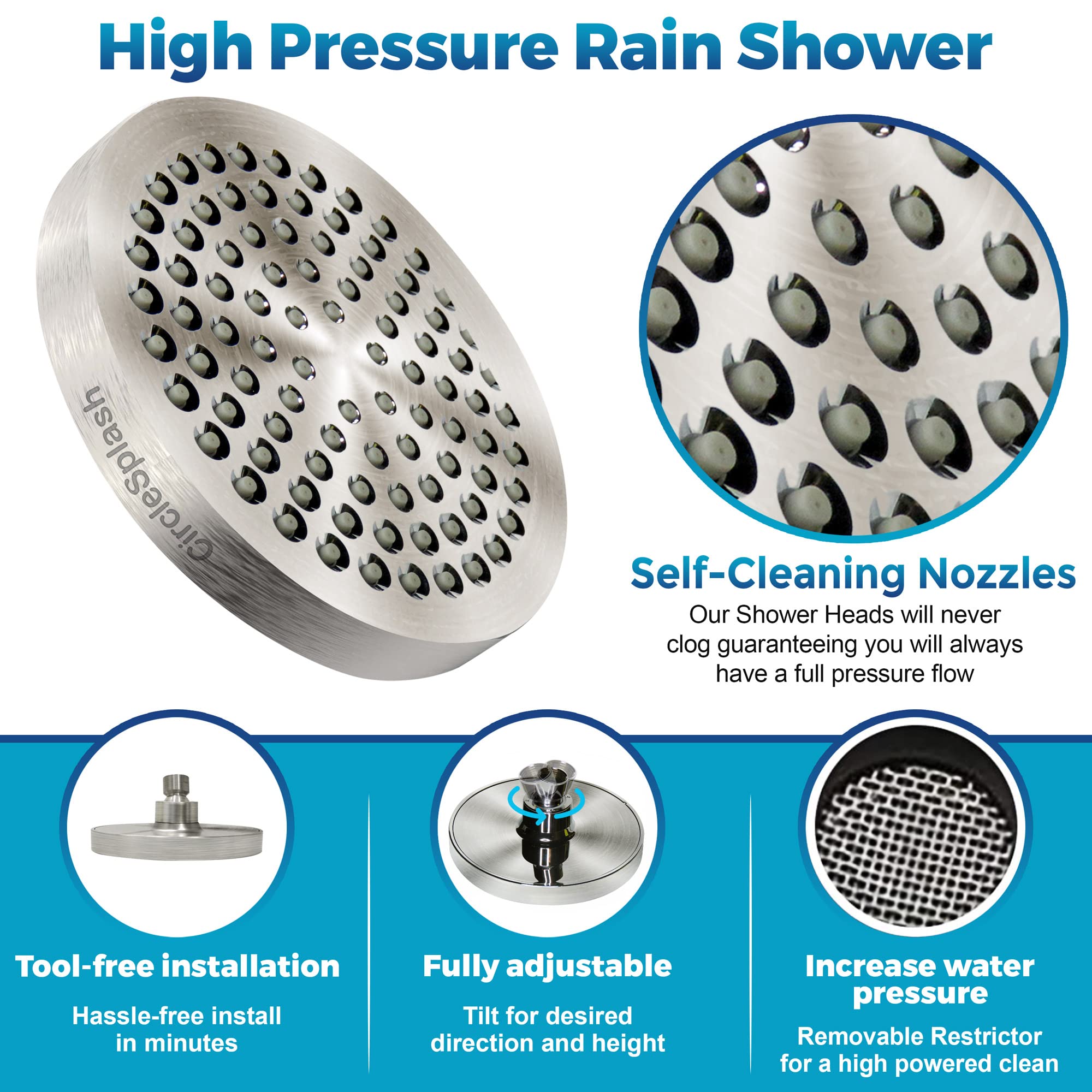CIRCLESPLASH Shower Head - High Pressure Rain Booster - Anti Clog Self Cleaning Adjustable Showerhead - Tool-less 1 min Install - Universal Replacement Brushed Nickel - Rainfall 6 inch