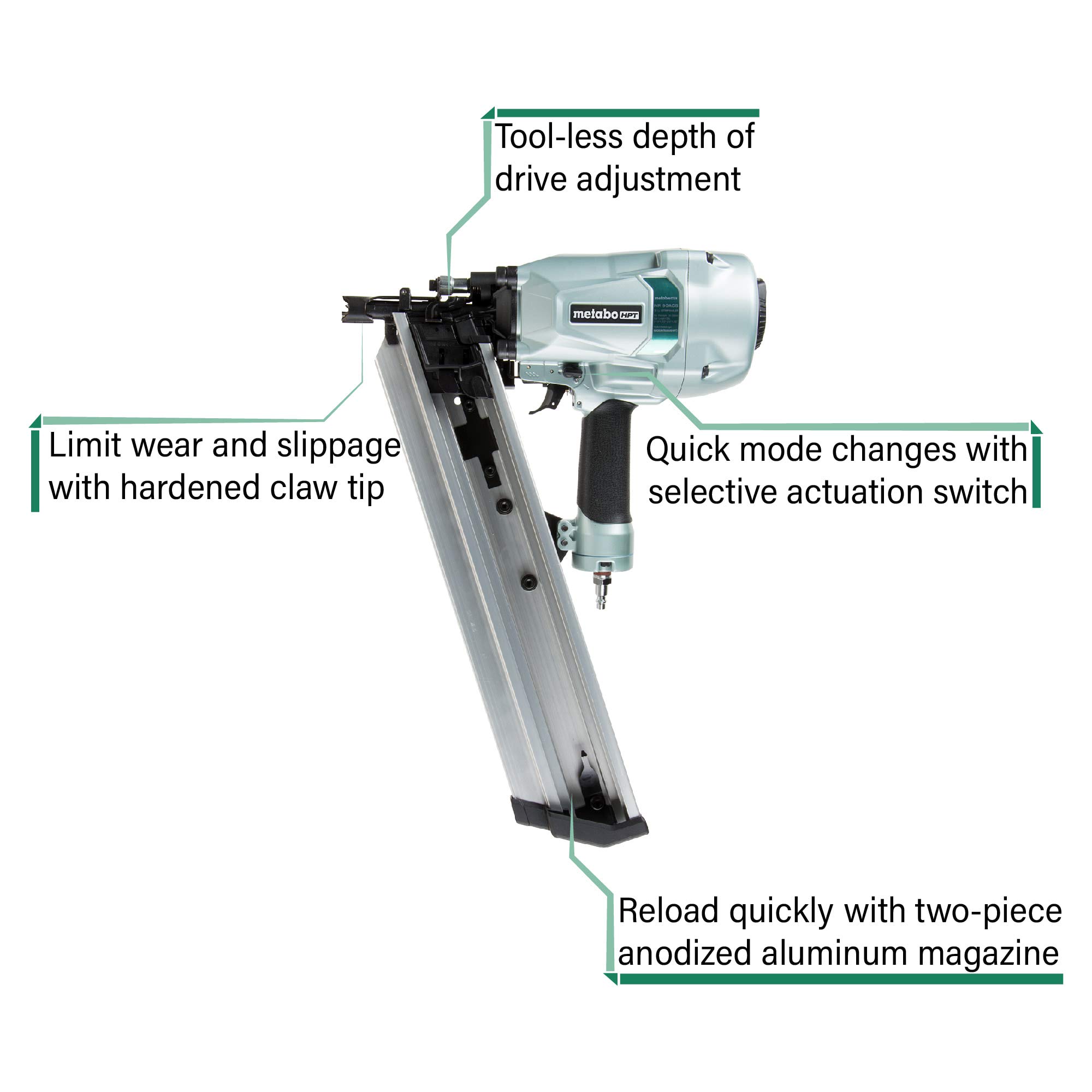 Metabo HPT Framing Nailer | Pneumatic | For LVL | 2-3/8" to 3-1/2" Plastic Collated Framing Nails | .162", Full Head | 21 Degree | NR90AC5