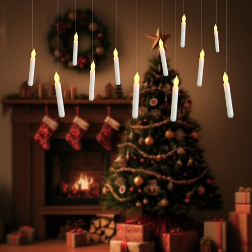 Homemory Hanging Floating Candles, NO Remote, 6.5 Inches Battery Operated Candlesticks, Flickering Flameless Taper Candles, 12 Pcs Dripless LED Handheld Candles Lights for Church Wedding Halloween