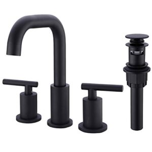 trustmi 2-handle 8 inch widespread bathroom sink faucet, 3 hole brass vanity faucet with cupc water supply lines and pop up drain assembly, matte black