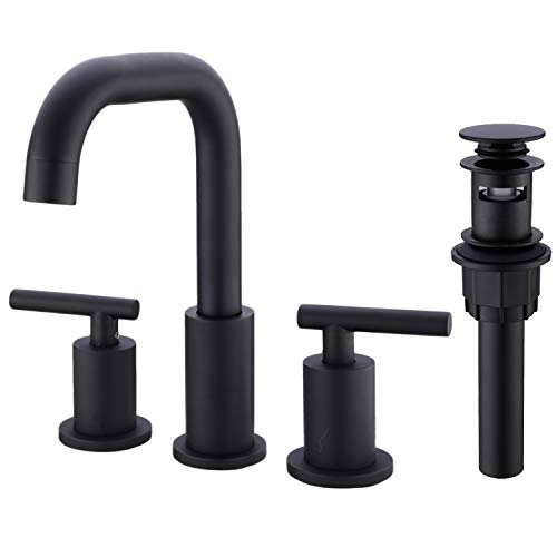 TRUSTMI 2-Handle 8 Inch Widespread Bathroom Sink Faucet, 3 Hole Brass Vanity Faucet with cUPC Water Supply Lines and Pop Up Drain Assembly, Matte Black