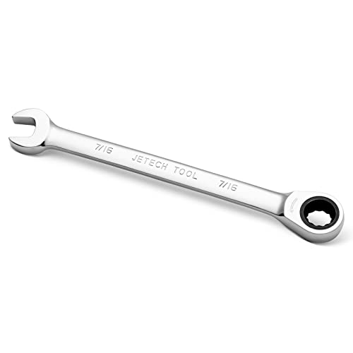 Jetech 7/16 Inch Ratcheting Combination Wrench, Industrial Grade Gear Spanner with 12-Point Design, 72-Tooth Ratchet, Made with Forged and Heat-Treated Cr-V Steel in Chrome Plating, SAE