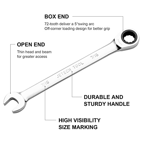 Jetech 7/16 Inch Ratcheting Combination Wrench, Industrial Grade Gear Spanner with 12-Point Design, 72-Tooth Ratchet, Made with Forged and Heat-Treated Cr-V Steel in Chrome Plating, SAE