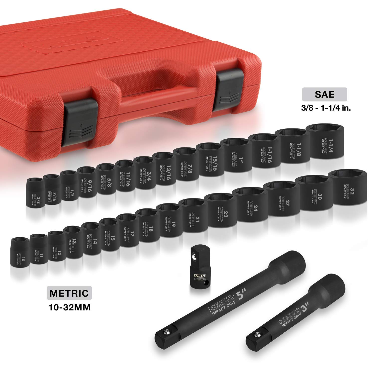 Neiko 02447A 1/2" Drive Master Impact Socket Set, 32 Piece Shallow Socket Assortment | Standard SAE (3/8-Inch to 1-1/4-Inch) and Metric (10-32 mm) Sizes | Cr-V Steel