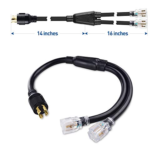 Cable Matters LED-Lit 4 Prong 30 Amp to 15 Amp Adapter for Generator (30 AMP to 110 Adapter Splitter) 30 Inches - NEMA L14-30P to 2X 5-20R