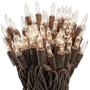 612 vermont 100 clear mini christmas string lights on brown wire cord, ul approved for indoor/outdoor use, 18 foot of lighted length, 20 foot of total length
