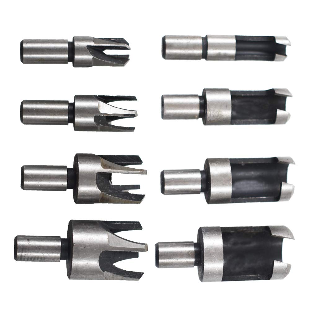 8Pcs Wood Plug Cutter Drills Bit Set (5/8", 1/2", 3/8", 1/4") Straight and Tapered Taper, Carbon Steel Woodworking Cutting Tool