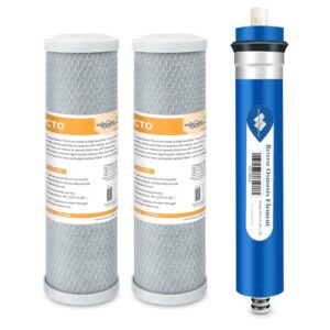 membrane solutions combo pack for fx12m and fx12p, water filter replacement cartridge compatible ge ro set gxrm10rbl gxrm10g reverse osmosis systems, 2x carbon filters, 1x 50gpd ro membrane filter