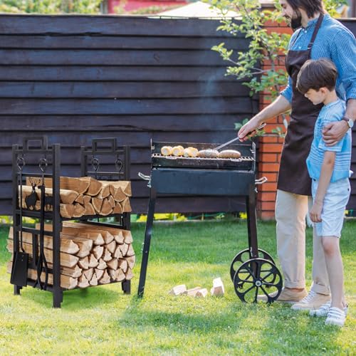INNO STAGE Firewood Rack Fireplce Firepit Tools Set Double Layer Iron Wood Log Holder for Fire Place Outdoor Indoor Accessories-Brush, Shovel, Tong, Hook