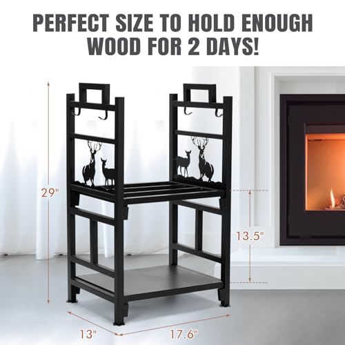 INNO STAGE Firewood Rack Fireplce Firepit Tools Set Double Layer Iron Wood Log Holder for Fire Place Outdoor Indoor Accessories-Brush, Shovel, Tong, Hook