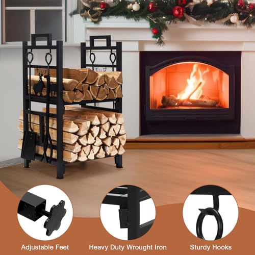 INNO STAGE Firewood Rack Fireplce Firepit Tools Set Double Layer Iron Wood Log Holder for Fire Place Outdoor Indoor Accessories-Brush, Shovel, Tong, Hook