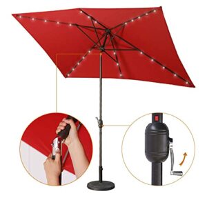 Aok Garden 6.5FT × 10FT Solar LED Lighted Patio Umbrella with Push Button Tilt and Sturdy Aluminum Ribs for Deck Lawn Pool & Backyard - Red