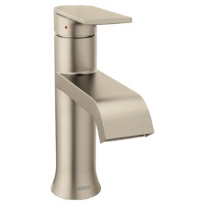 moen genta lx brushed nickel one-handle modern bathroom sink faucet with optional deckplate and low-arc spout - perfect for bath countertop and three-hole or one-hole sinks, 6702bn