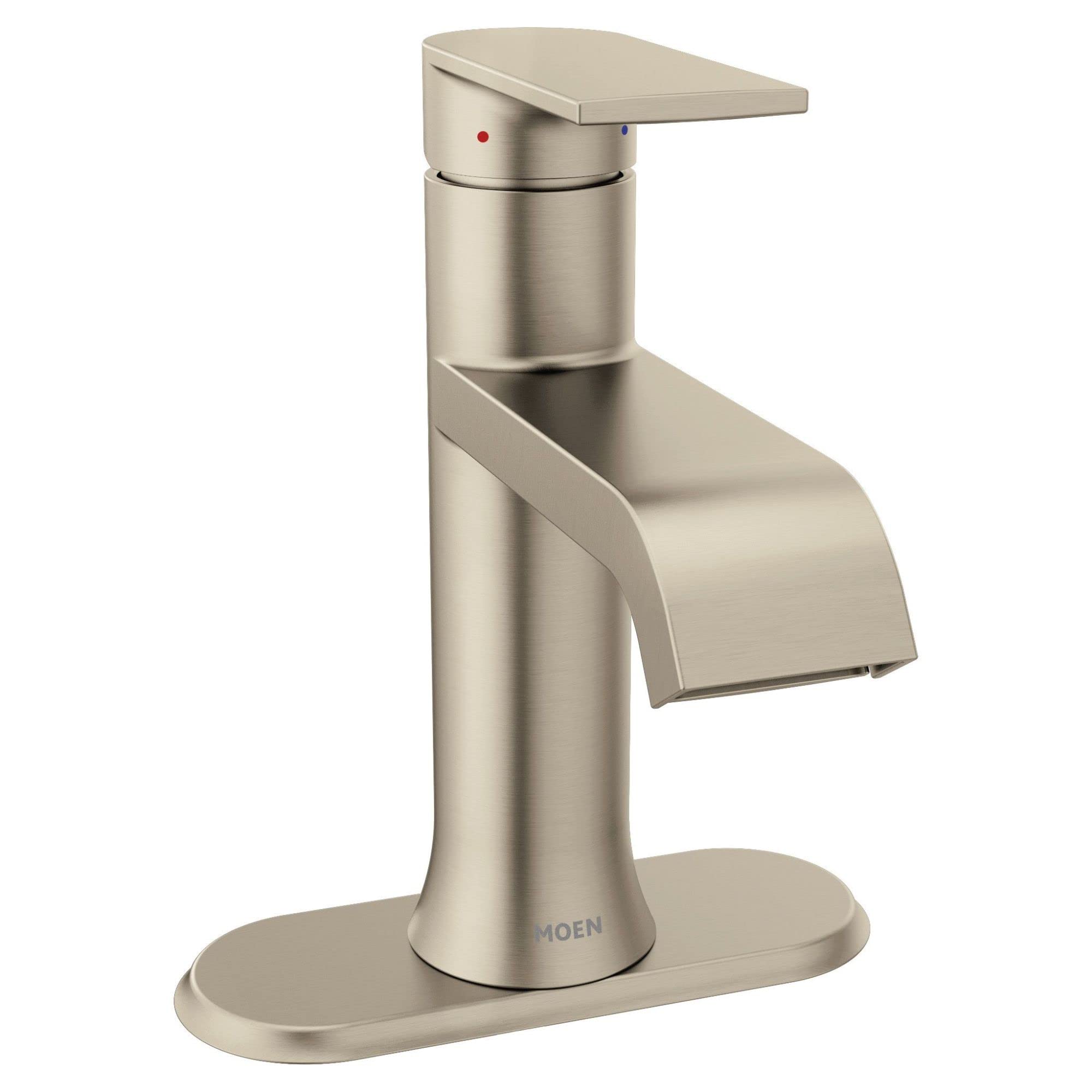 Moen Genta LX Brushed Nickel One-Handle Modern Bathroom Sink Faucet with Optional Deckplate and Low-Arc Spout - Perfect for Bath Countertop and Three-Hole or One-Hole Sinks, 6702BN