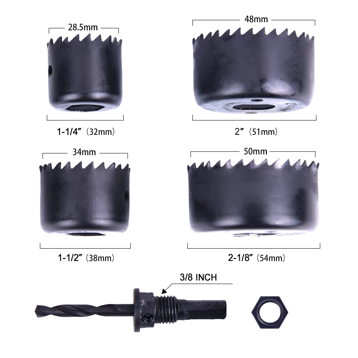 Hole Saw Kit, SUNGATOR 5-Piece Hole Saw Set with 4 Pcs Saw Blades in 1-1/4, 1-1/2, 2, 2-1/8 Inch, 1 Mandrel. Carbon Steel Circle Hole Saw Kit, Arbored Hole Cutter for Wood, Plastic, PVC Board, Drywall