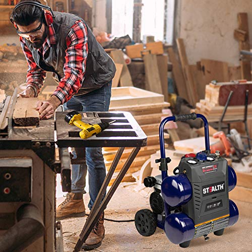 Stealth 4.5 Gallon Ultra Quiet Air Compressor,1.3 HP Oil-Free Peak 150 PSI 65 Decibel Air Compressor,4 CFM @ 40 PSI 3 CFM @ 90 PSI Silent Portable Long Life Electric Air Compressor W/ Wheel for Garage