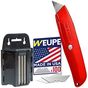 weupe heavy duty retractable utility knife and razor blades with dispenser - 100 pack, safety box opener, cardboard cutter, best utility knife for carpenter, electrician and more, tool box set and kit