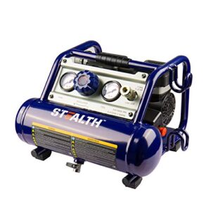 stealth ultra quiet portable 1 gallon air compressor, 1/2hp max 125 psi, induction motor, 0.8 cfm@90psi, 1.3 cfm@40psi, oil-free maintenance free light weight electric air tools, sauq-1105