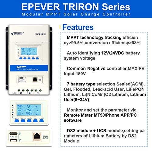 EPEVERMPPT Solar Charge Controller 40A, 12V/24V AutoTRIRON4215N Intelligent Modular-Designed Regulator with PC Software and Moblie APP [Updated Version of Tracer A/an Series] (TRIRON 4215N)