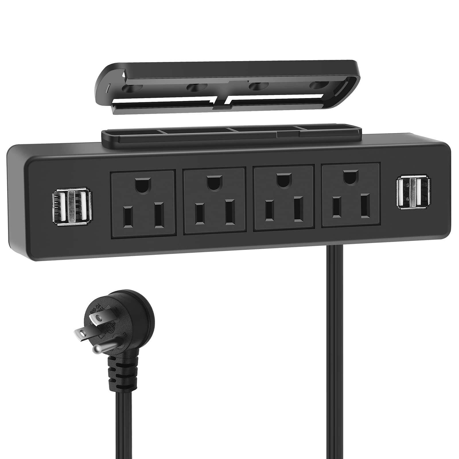 Under Desk Power Strip, Adhesive Wall Mount with USB, Black Desktop Power Outlets, Removable Mount Multi-Outlets with 4 USB Ports, Power Socket Connect 4 Plugs for Home Office Reading