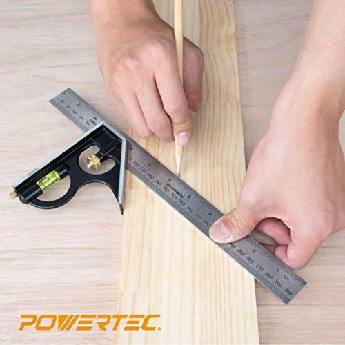 POWERTEC 80007 12-Inch Combination Square Tool Etched Stainless Steel Blade w/Metric Graduated Scale