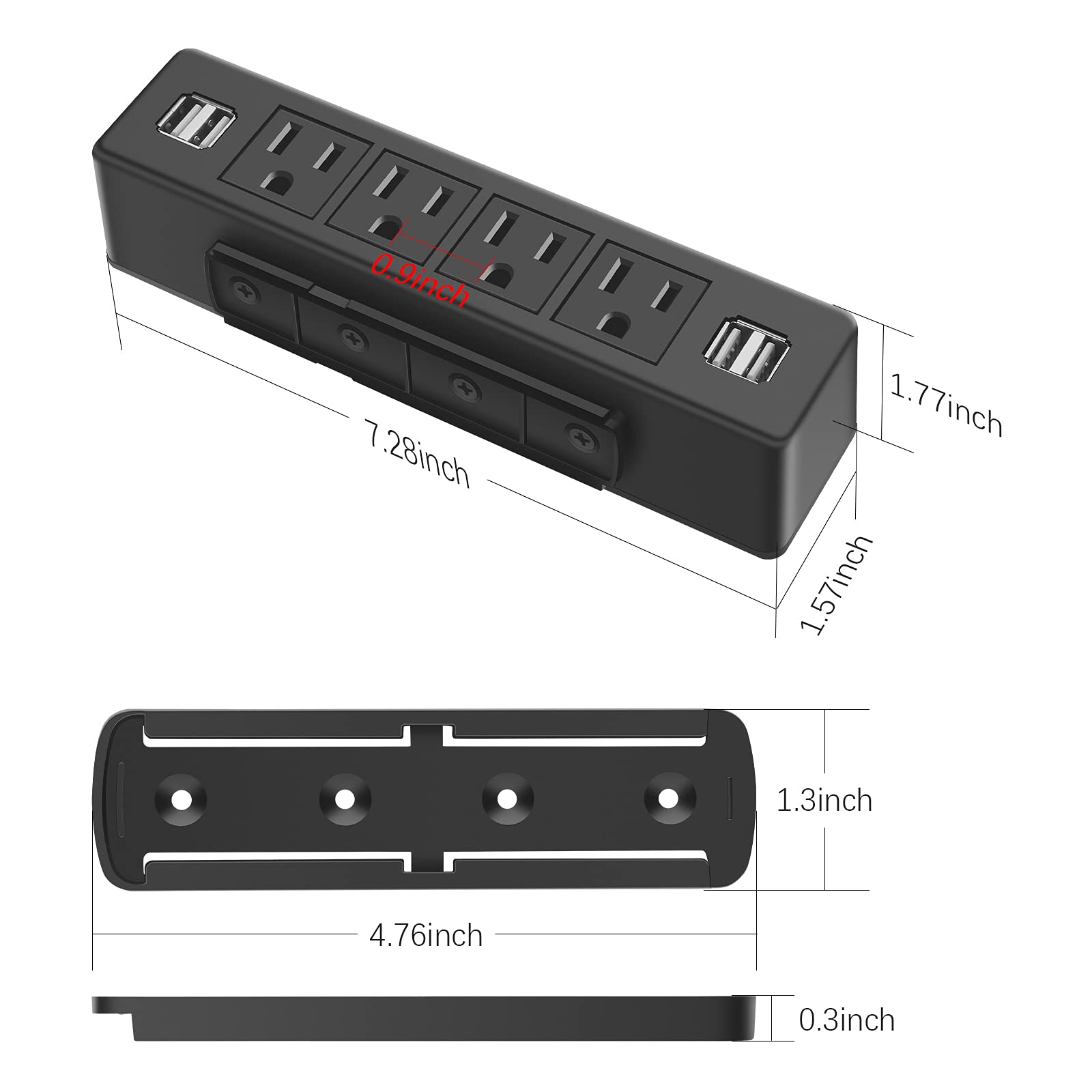 Under Desk Power Strip, Adhesive Wall Mount with USB, Black Desktop Power Outlets, Removable Mount Multi-Outlets with 4 USB Ports, Power Socket Connect 4 Plugs for Home Office Reading