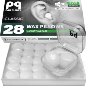 pq wax ear plugs for sleeping - 28 silicone wax earplugs for sleeping and swimming, gel ear plugs for noise cancelling, sleeping earplugs, sound blocking level of 32 db (28 pillows), color: white