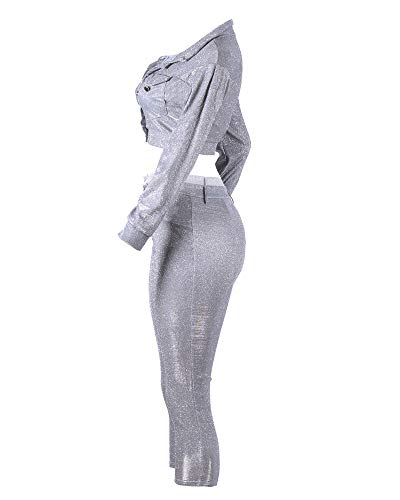 MS Mouse Womens Long Sleeve Jackets and Capris Set Sequin Two Piece Outfits L Silver