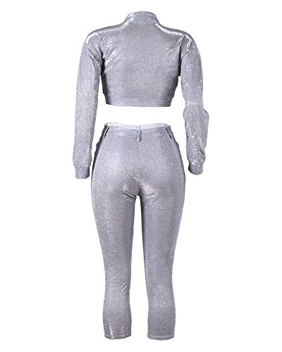 MS Mouse Womens Long Sleeve Jackets and Capris Set Sequin Two Piece Outfits L Silver