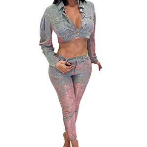 MS Mouse Womens Long Sleeve Jackets and Capris Set Sequin Two Piece Outfits L Silver