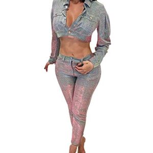 MS Mouse Womens Long Sleeve Jackets and Capris Set Sequin Two Piece Outfits L Silver